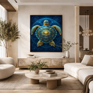 Ornate sea turtle canvas art for peaceful coastal room decor.