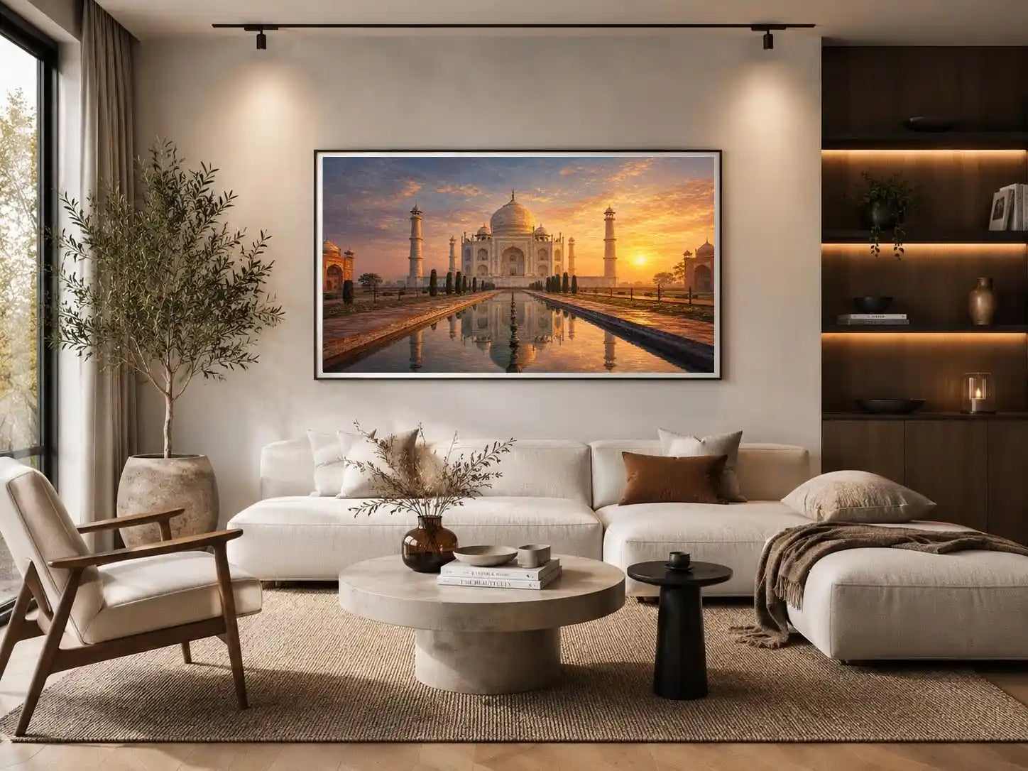 Golden Taj Mahal canvas art for elegant living room decor.
