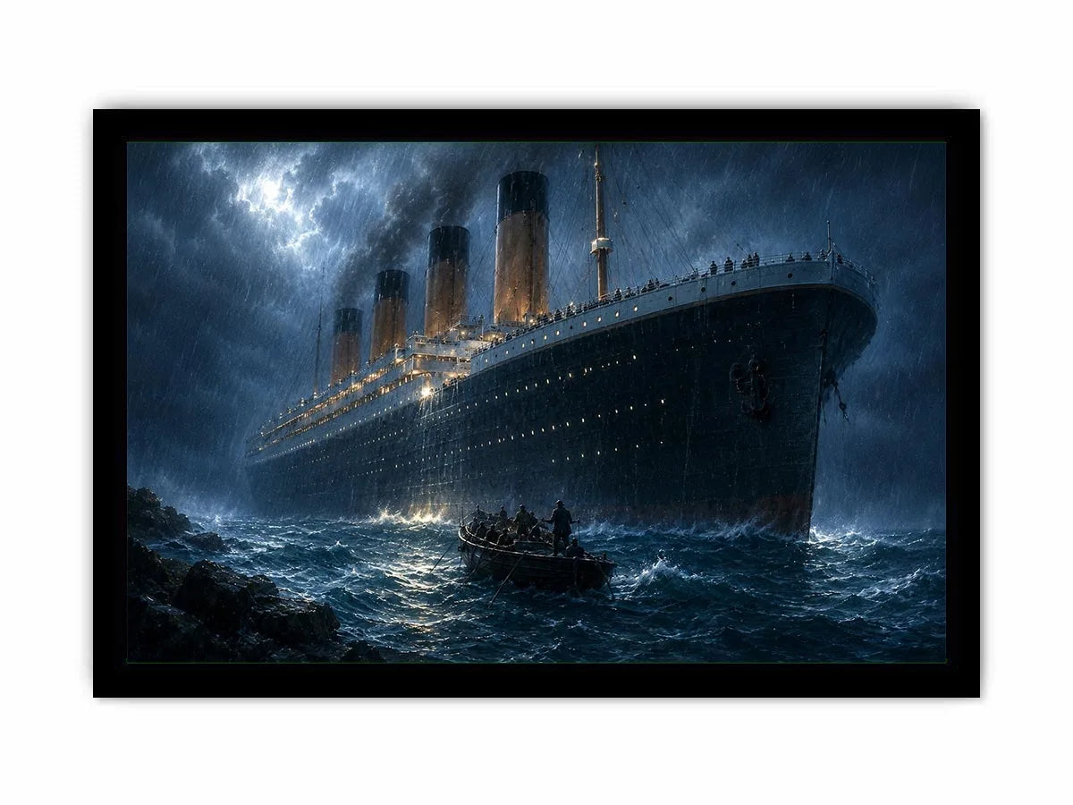 Dramatic ocean liner canvas art for moody office wall decor.