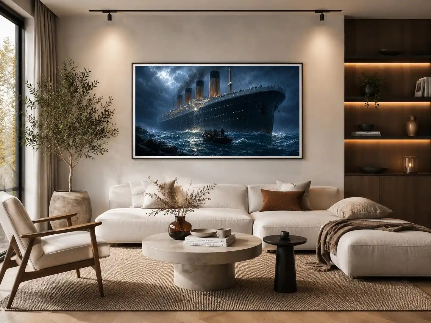 Dramatic ocean liner canvas art for moody office wall decor.