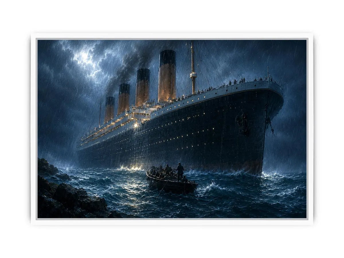 Dramatic ocean liner canvas art for moody office wall decor.