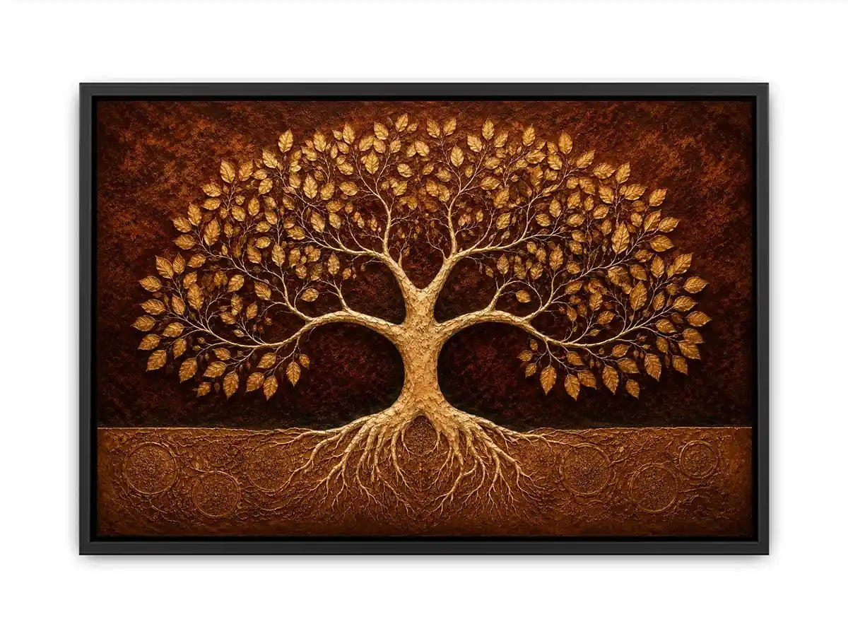Golden tree canvas art for warm luxury living room decor.