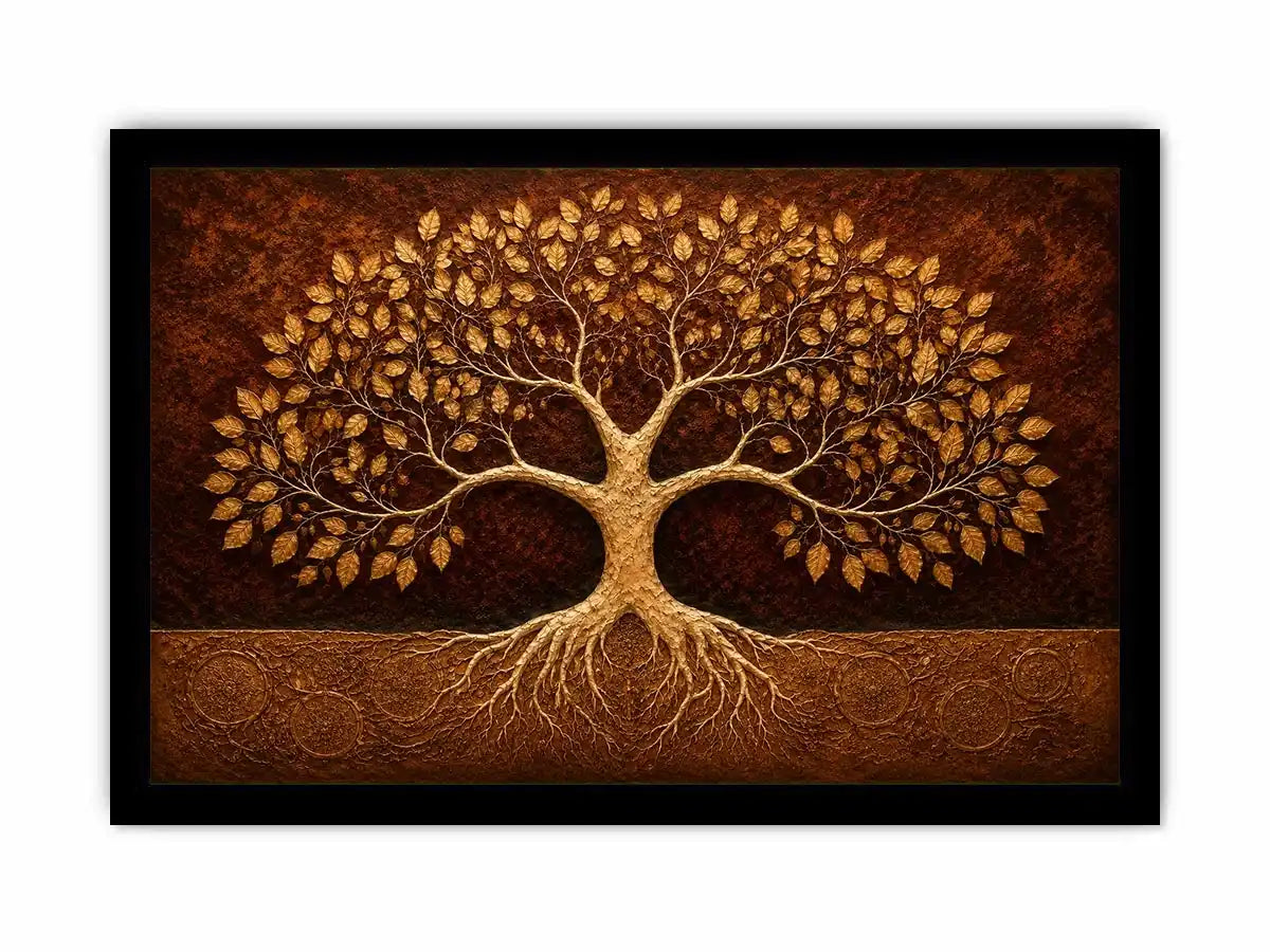 Golden tree canvas art for warm luxury living room decor.