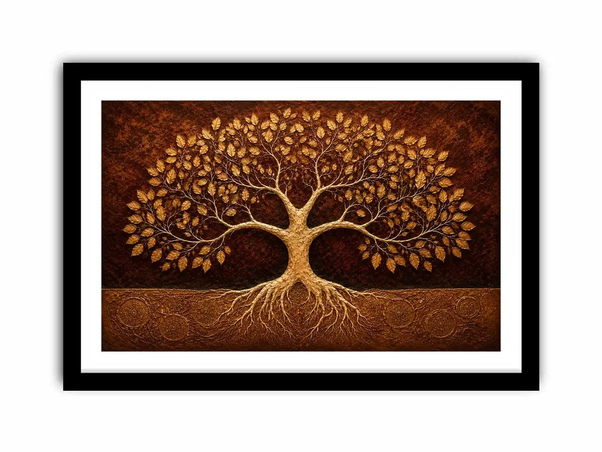 Golden tree canvas art for warm luxury living room decor.