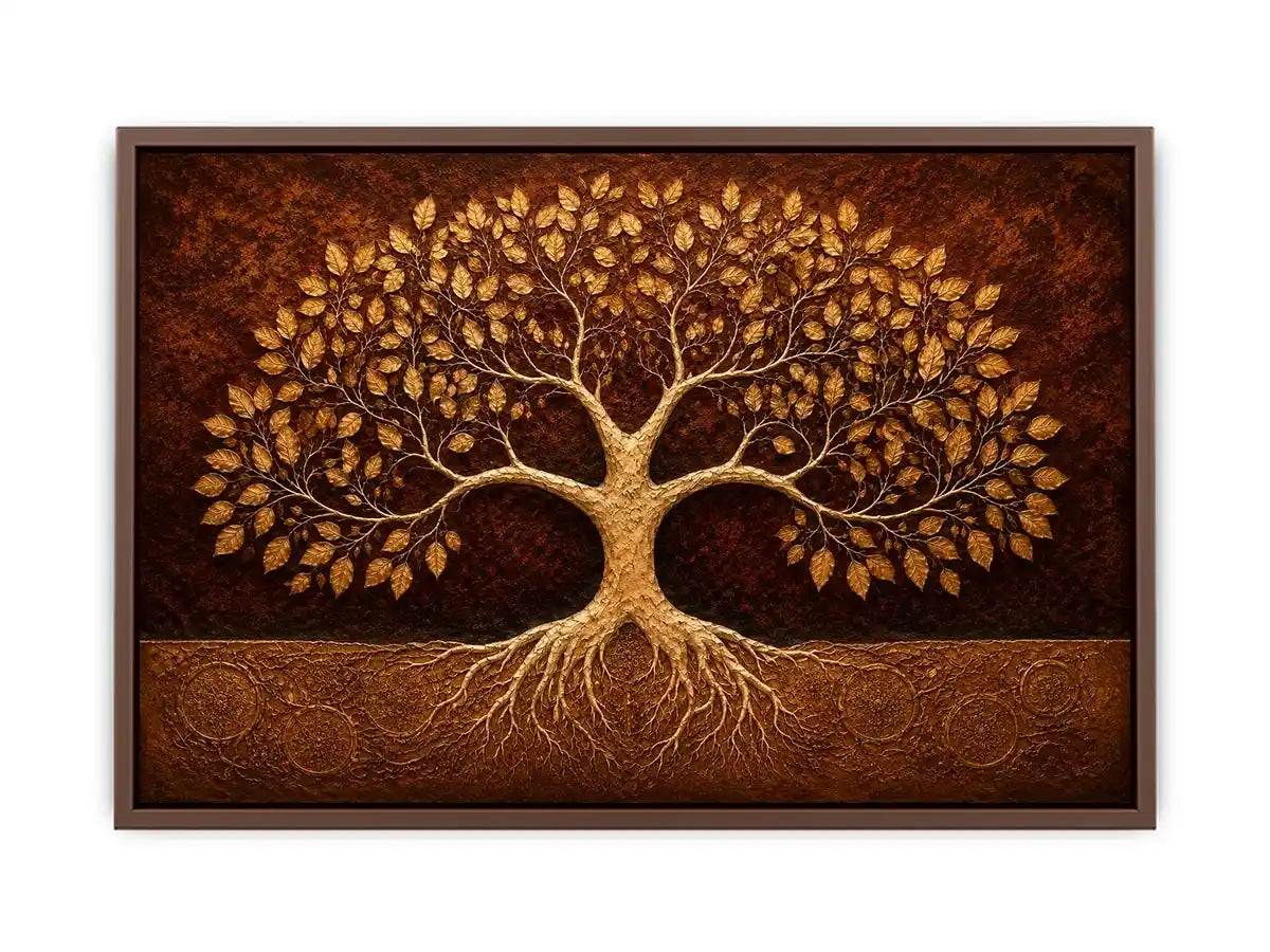 Golden tree canvas art for warm luxury living room decor.