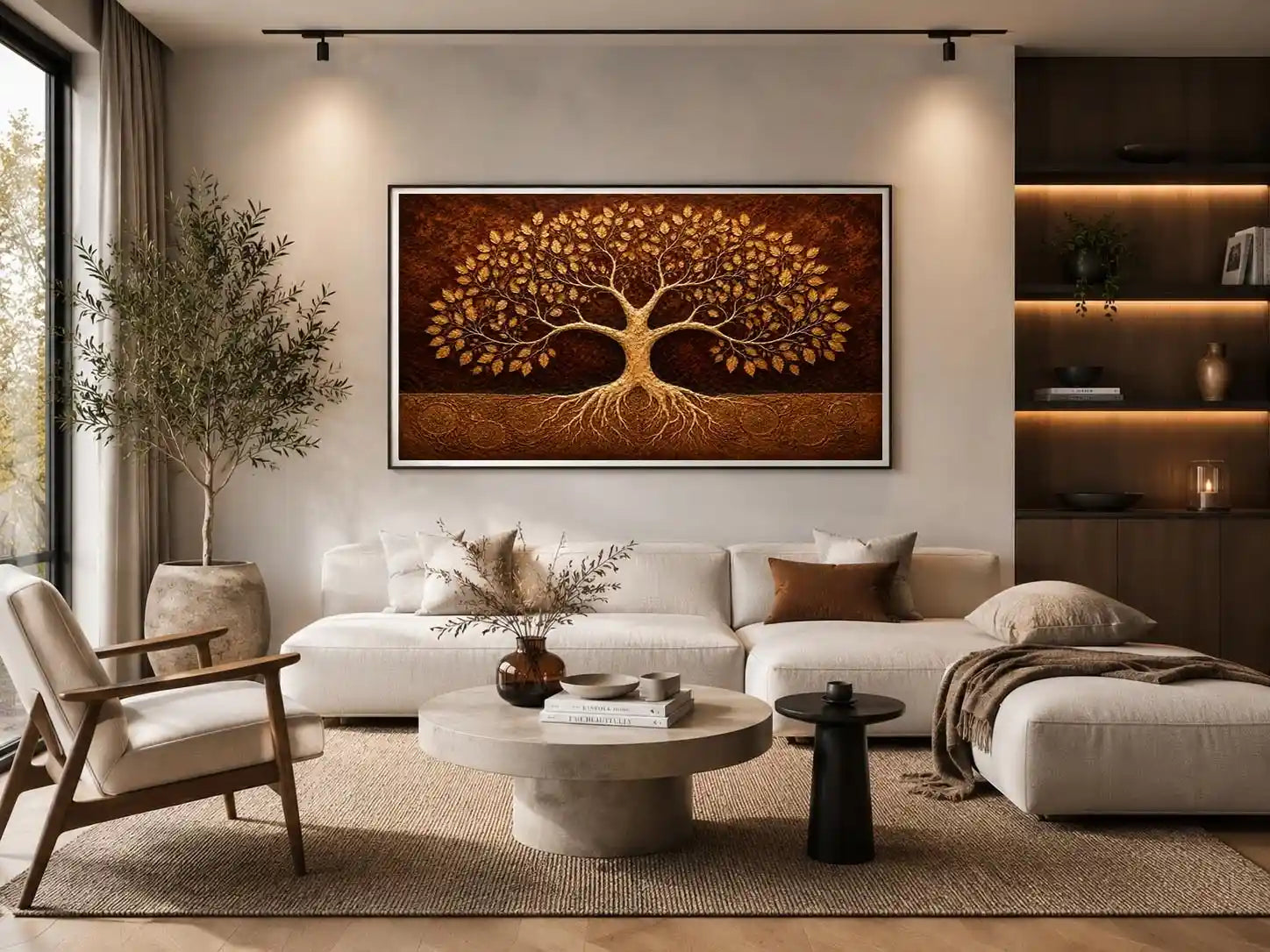 Golden tree canvas art for warm luxury living room decor.