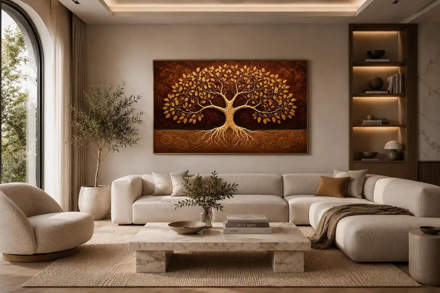 Golden tree canvas art for warm luxury living room decor.