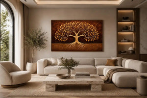 Golden tree canvas art for warm luxury living room decor.