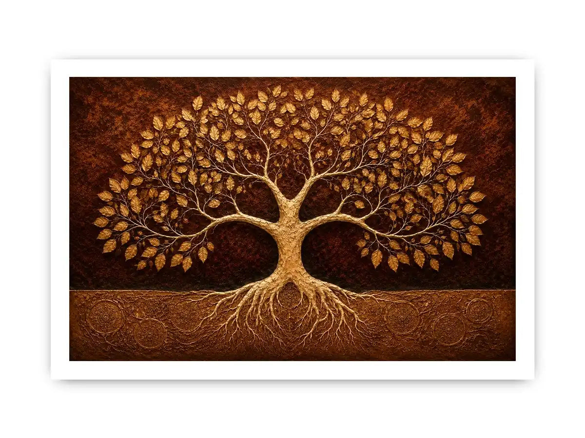 Golden tree canvas art for warm luxury living room decor.