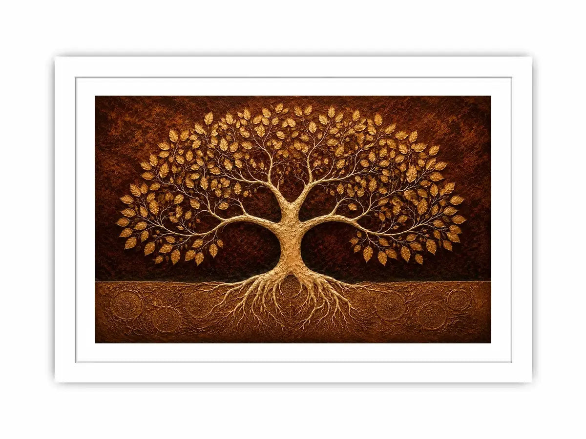 Golden tree canvas art for warm luxury living room decor.