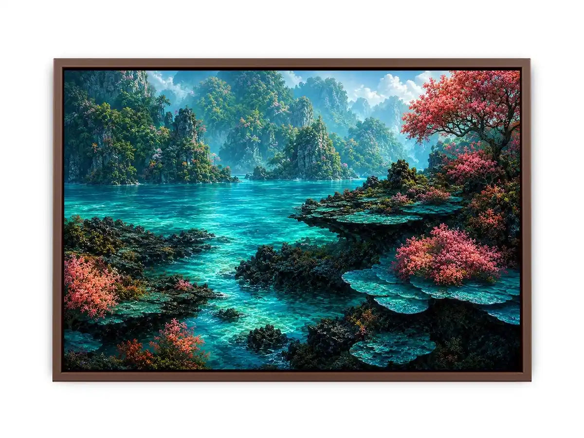 Tropical turquoise landscape canvas art for coastal room decor.