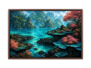Tropical turquoise landscape canvas art for coastal room decor.