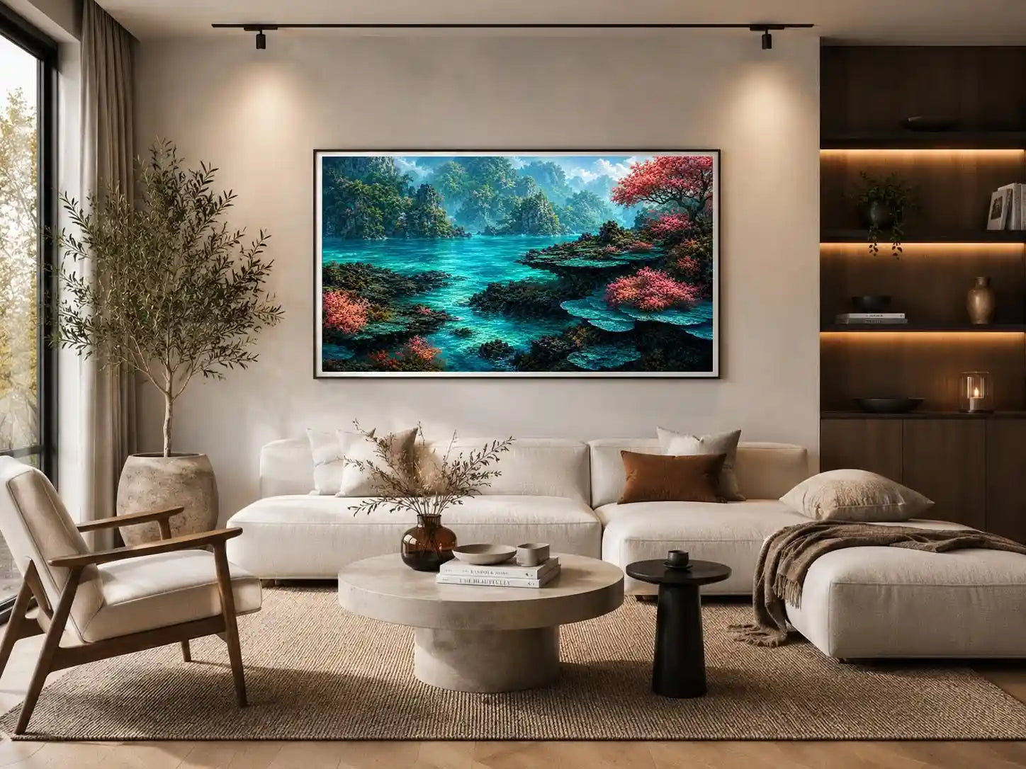 Tropical turquoise landscape canvas art for coastal room decor.