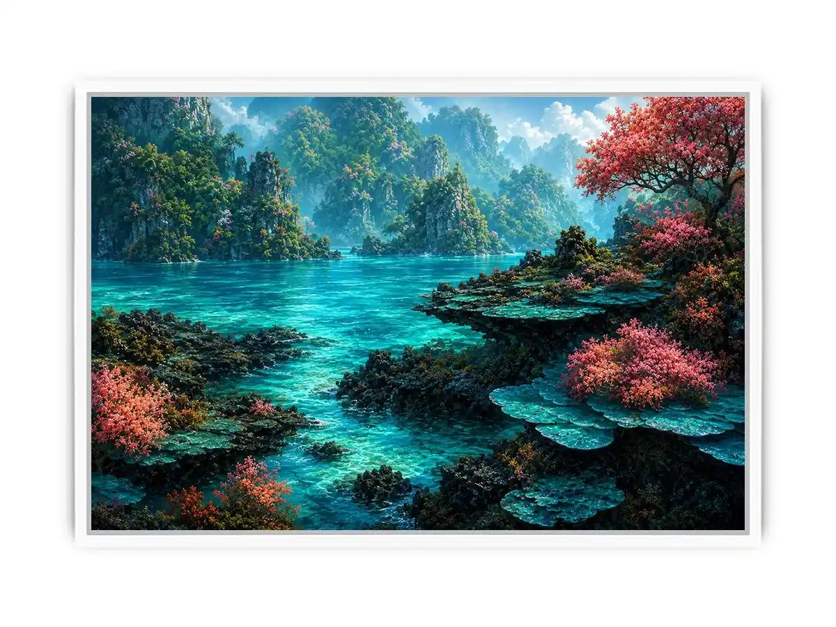 Tropical turquoise landscape canvas art for coastal room decor.