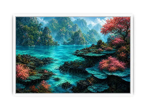 Tropical turquoise landscape canvas art for coastal room decor.