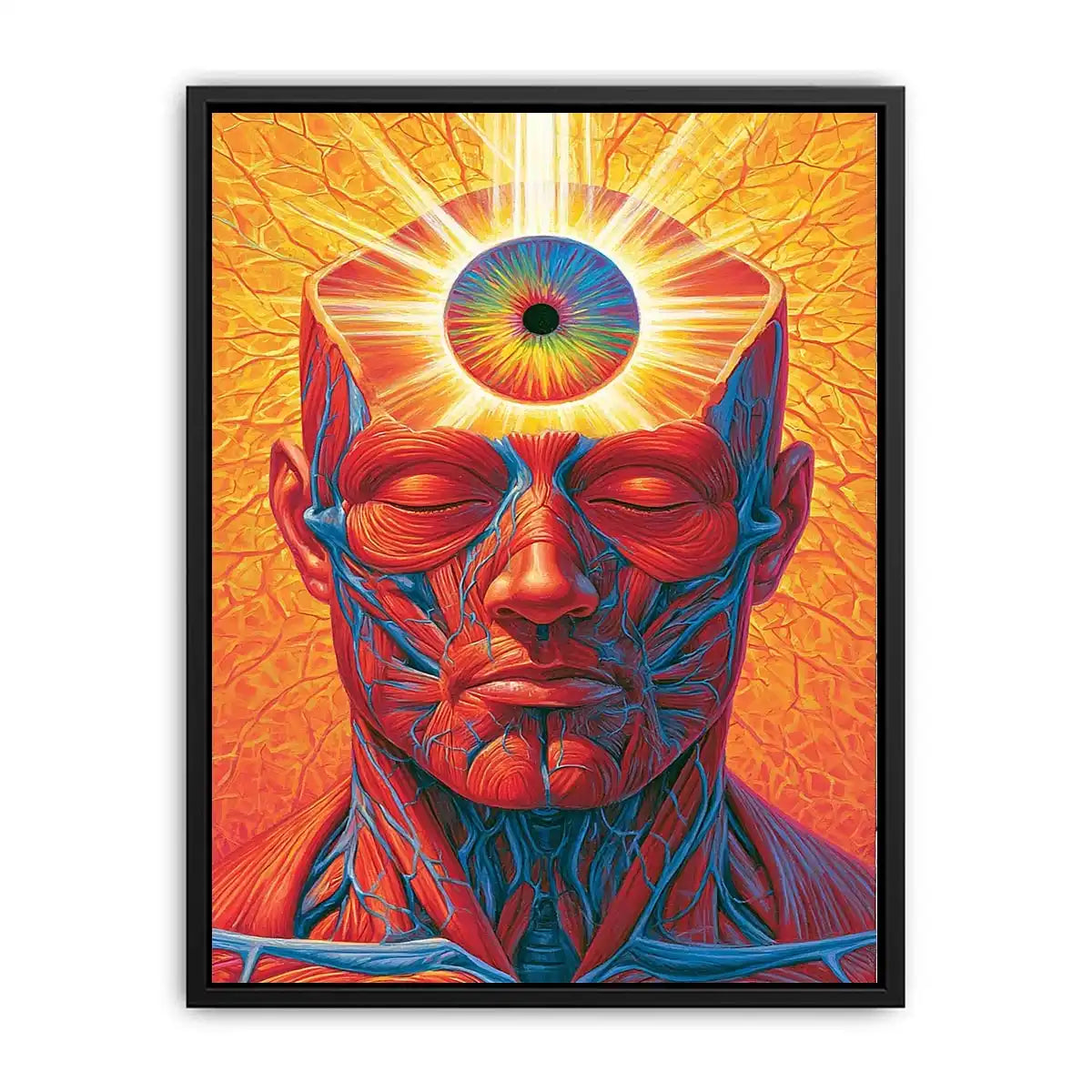 Surreal third eye portrait canvas art with vivid anatomy detail for modern office decor.