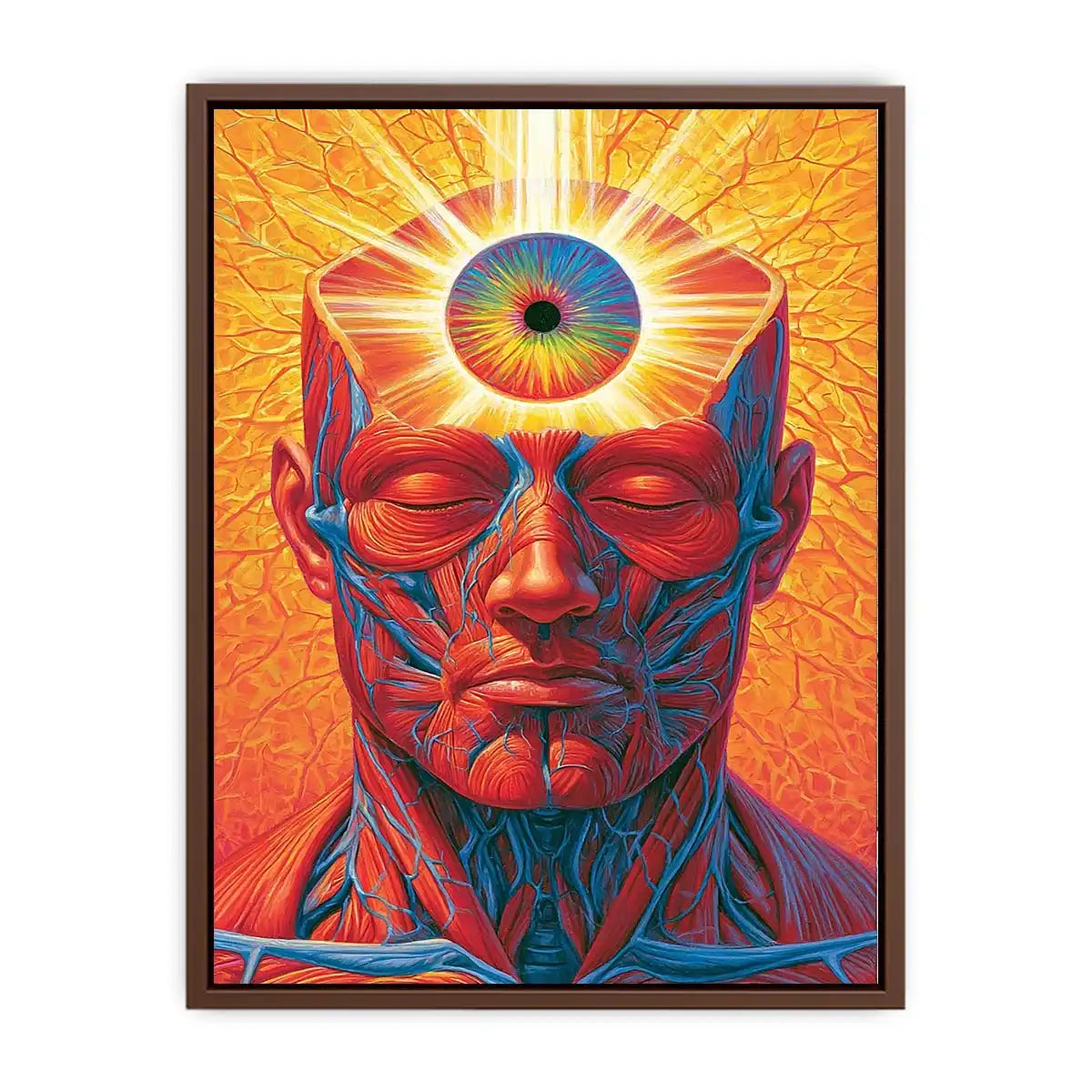 Surreal third eye portrait canvas art with vivid anatomy detail for modern office decor.