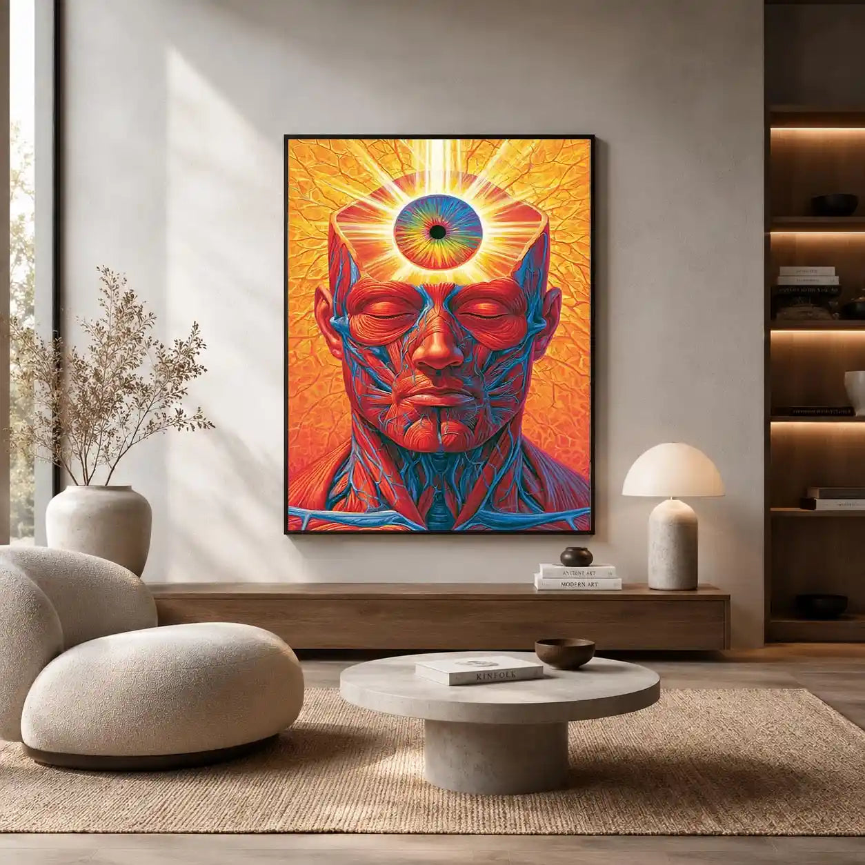 Surreal third eye portrait canvas art with vivid anatomy detail for modern office decor.