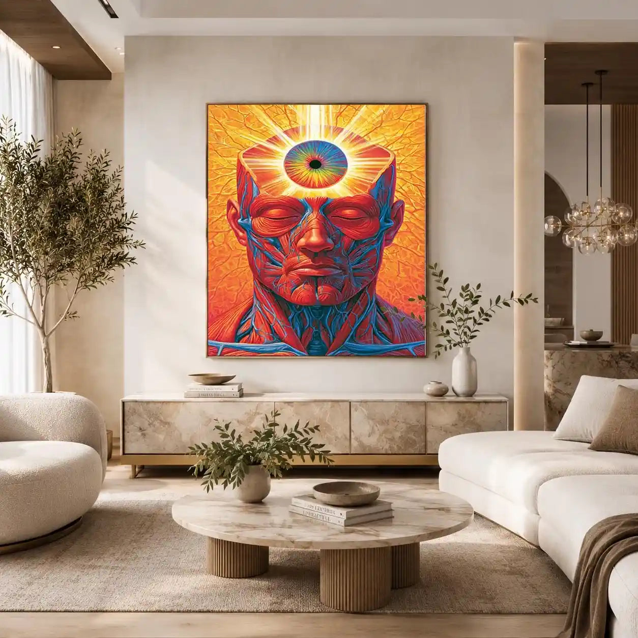 Surreal third eye portrait canvas art with vivid anatomy detail for modern office decor.