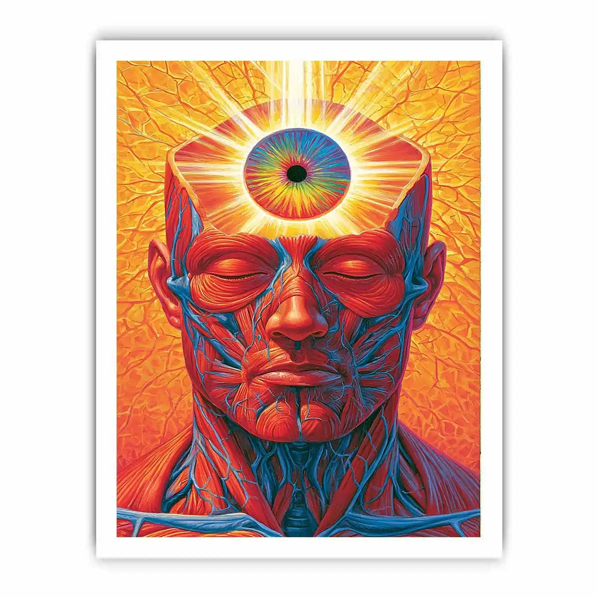 Surreal third eye portrait canvas art with vivid anatomy detail for modern office decor.
