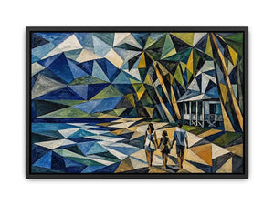 Geometric coastal canvas art with beach house and walking figures for modern living room decor.