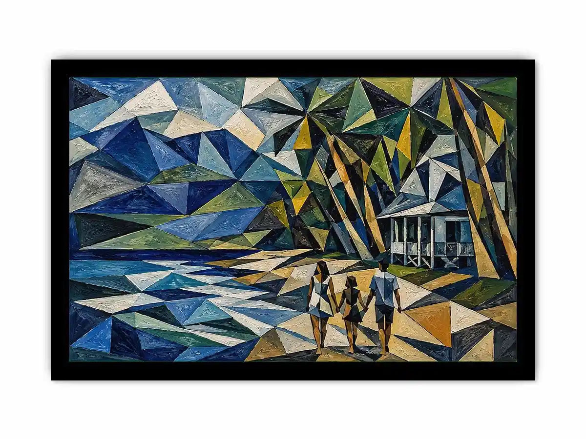 Geometric coastal canvas art with beach house and walking figures for modern living room decor.
