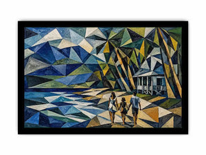 Geometric coastal canvas art with beach house and walking figures for modern living room decor.