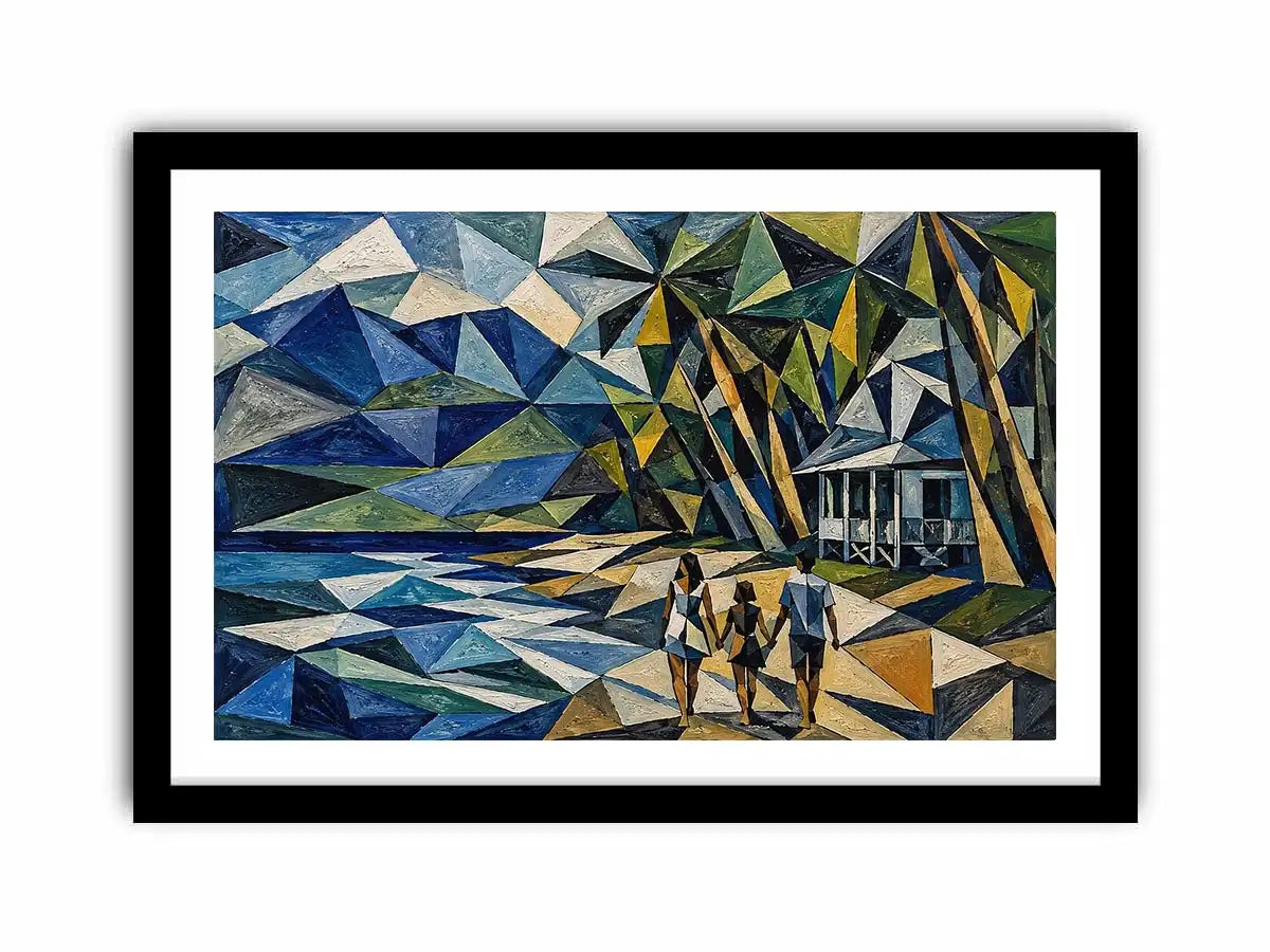 Geometric coastal canvas art with beach house and walking figures for modern living room decor.