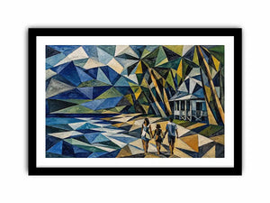 Geometric coastal canvas art with beach house and walking figures for modern living room decor.