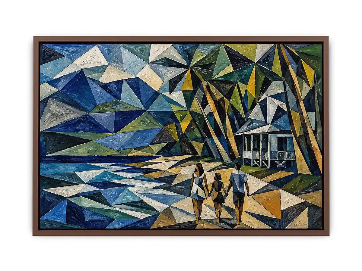 Geometric coastal canvas art with beach house and walking figures for modern living room decor.