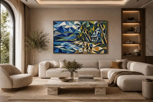 Geometric coastal canvas art with beach house and walking figures for modern living room decor.