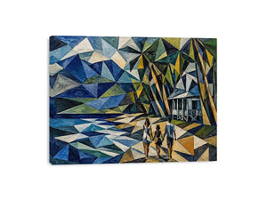 Geometric coastal canvas art with beach house and walking figures for modern living room decor.