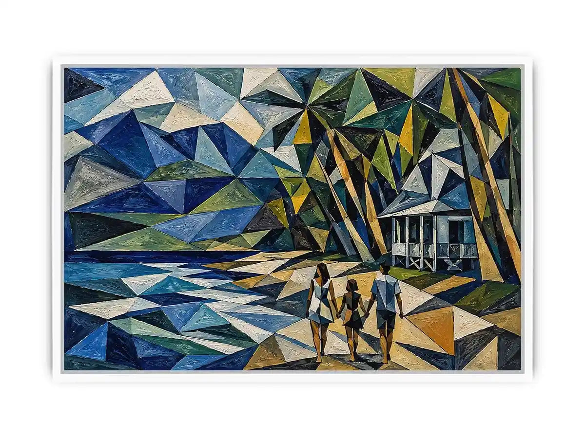 Geometric coastal canvas art with beach house and walking figures for modern living room decor.