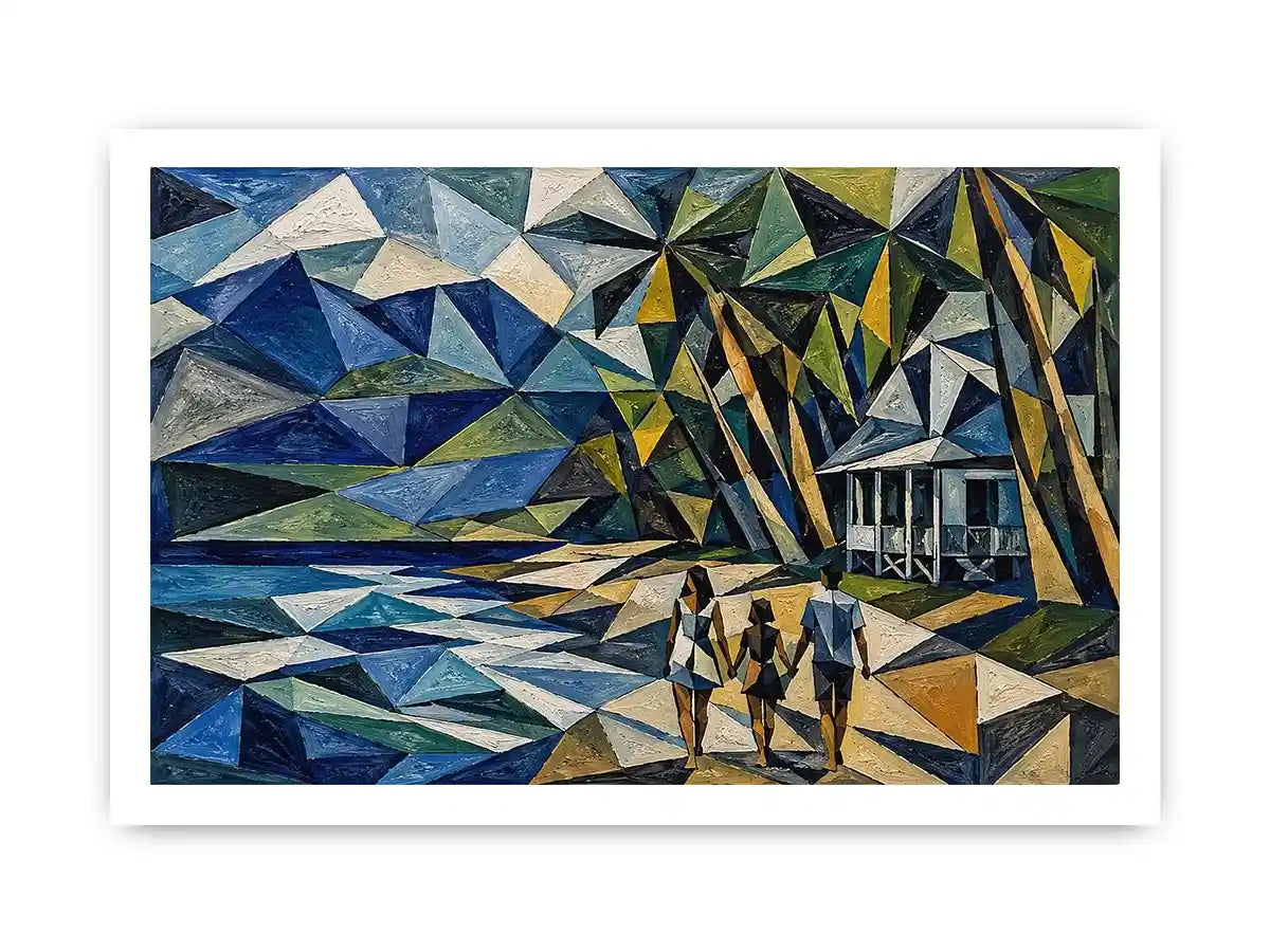 Geometric coastal canvas art with beach house and walking figures for modern living room decor.