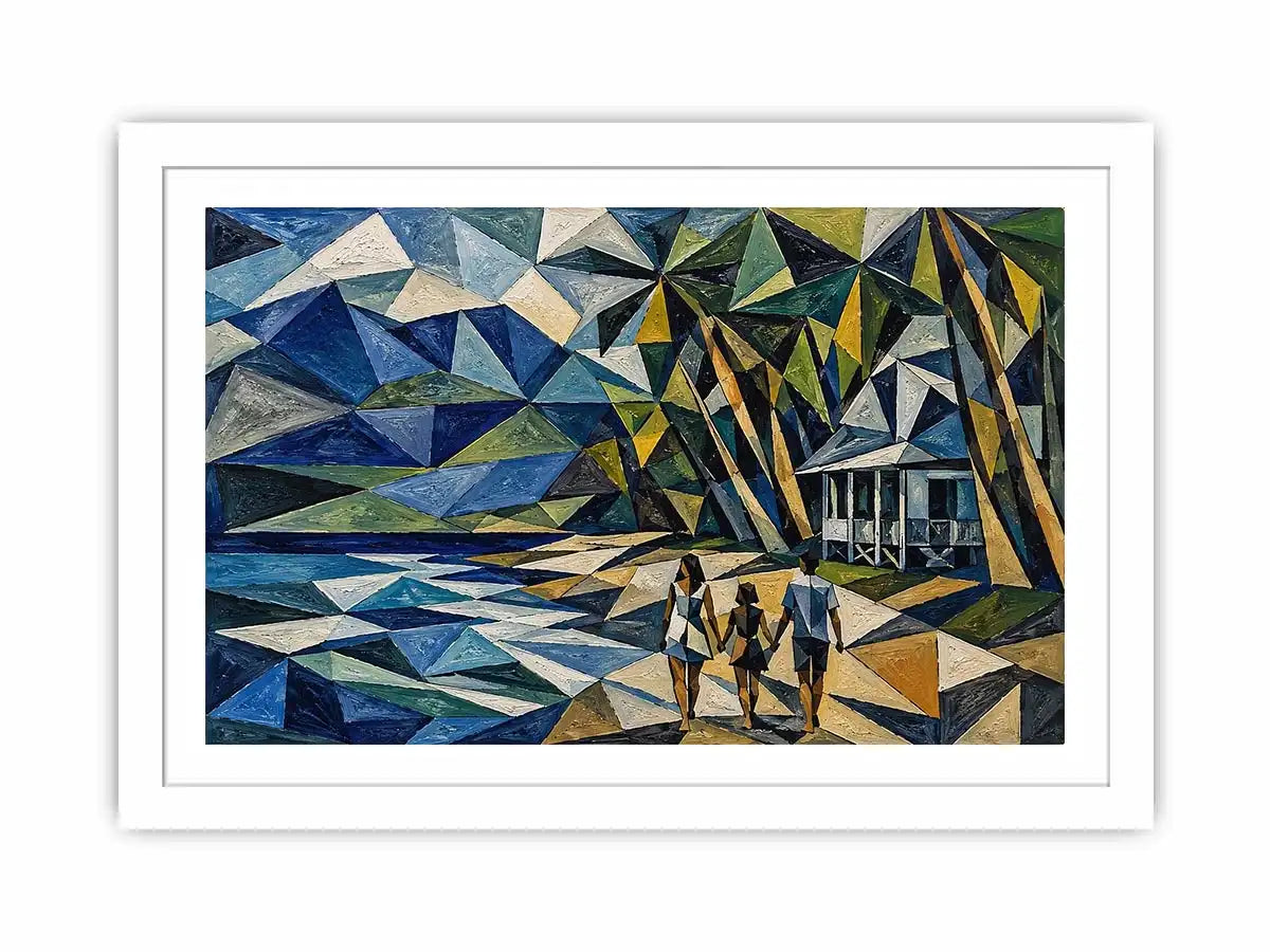 Geometric coastal canvas art with beach house and walking figures for modern living room decor.