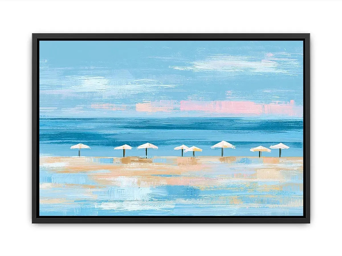 Minimal coastal beach umbrella canvas art for modern beach house or living room decor.