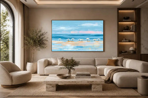 Minimal coastal beach umbrella canvas art for modern beach house or living room decor.