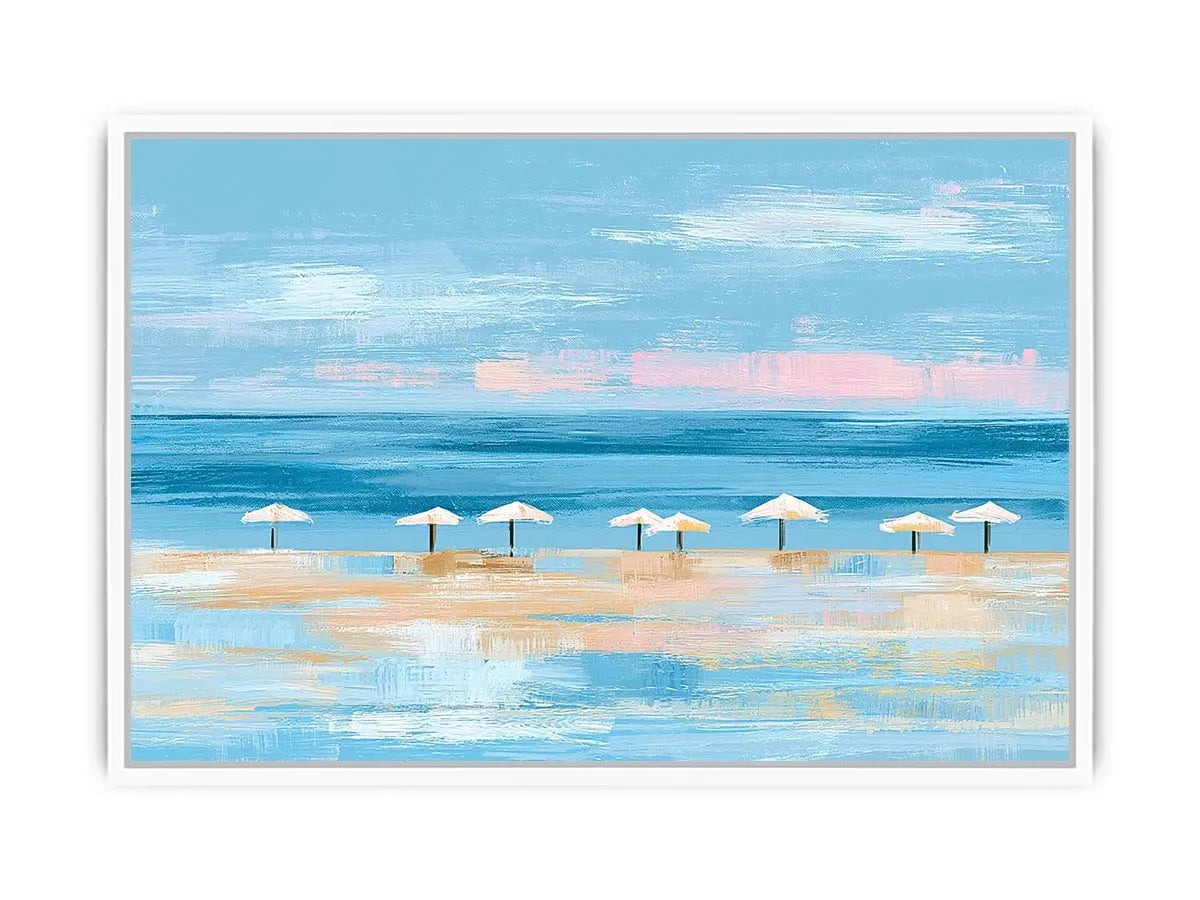 Minimal coastal beach umbrella canvas art for modern beach house or living room decor.