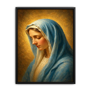 Serene blue veil Madonna portrait canvas art for peaceful bedroom decor.