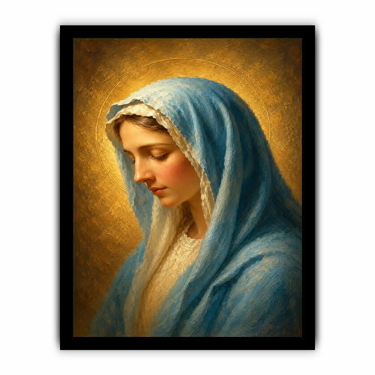 Serene blue veil Madonna portrait canvas art for peaceful bedroom decor.