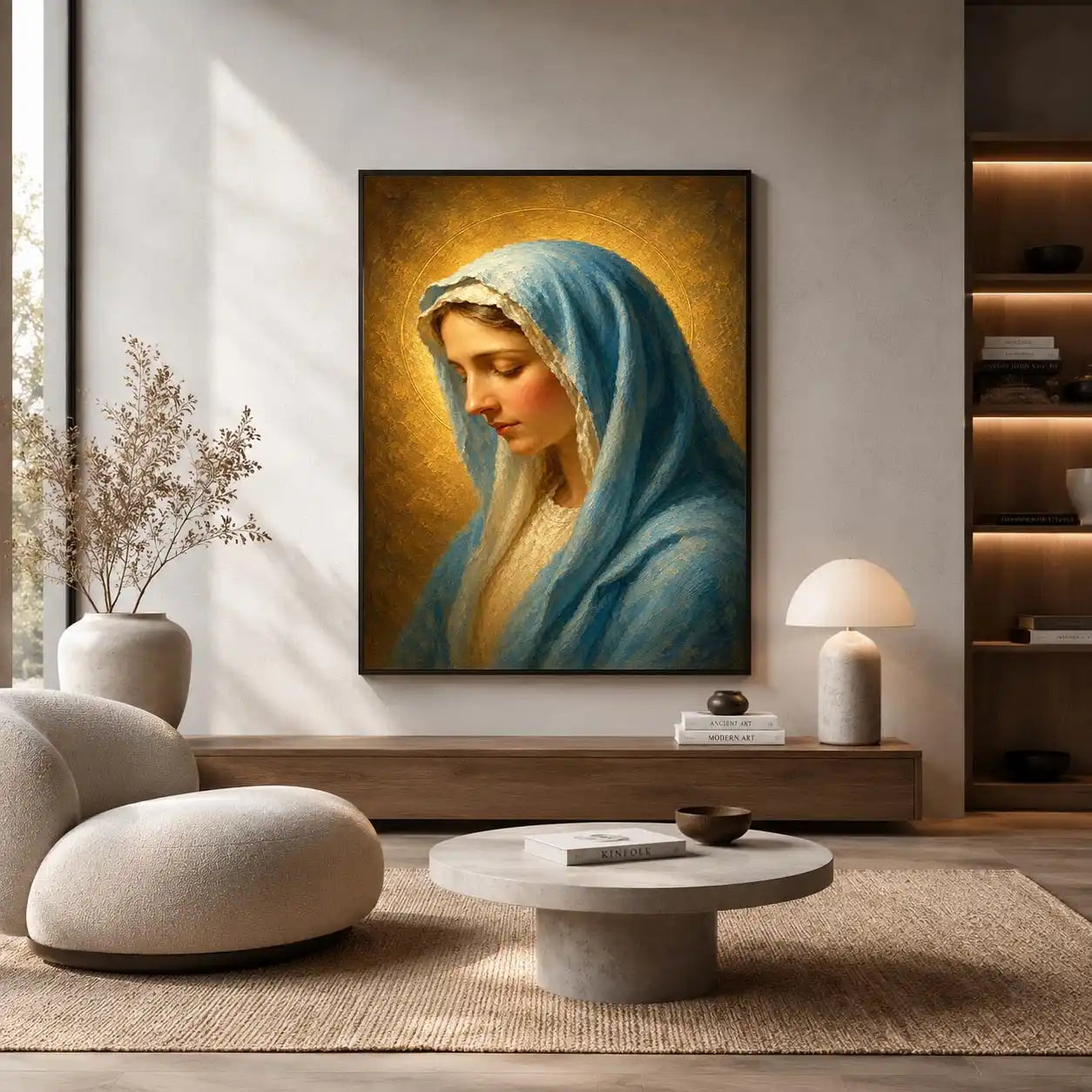 Serene blue veil Madonna portrait canvas art for peaceful bedroom decor.