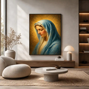 Serene blue veil Madonna portrait canvas art for peaceful bedroom decor.
