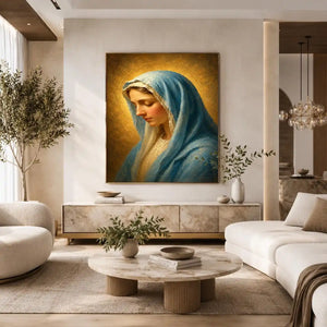 Serene blue veil Madonna portrait canvas art for peaceful bedroom decor.