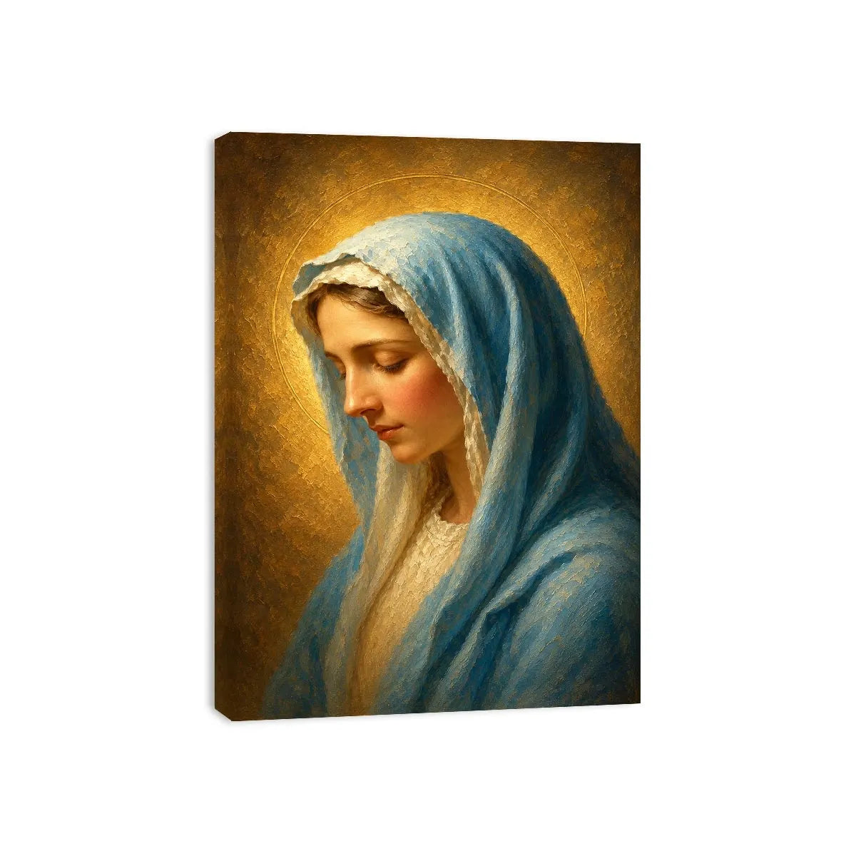 Serene blue veil Madonna portrait canvas art for peaceful bedroom decor.