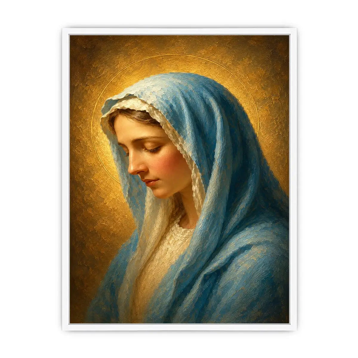 Serene blue veil Madonna portrait canvas art for peaceful bedroom decor.