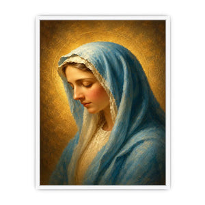 Serene blue veil Madonna portrait canvas art for peaceful bedroom decor.