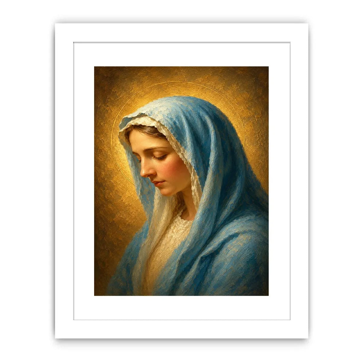 Serene blue veil Madonna portrait canvas art for peaceful bedroom decor.