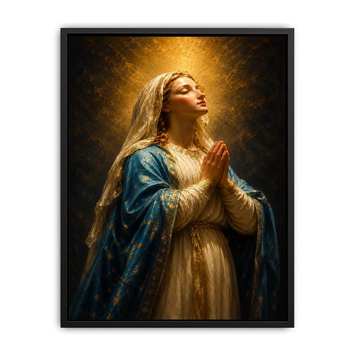 Vertical praying Madonna canvas art in blue and gold for elegant bedroom decor.