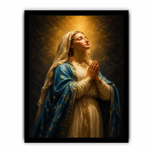 Vertical praying Madonna canvas art in blue and gold for elegant bedroom decor.