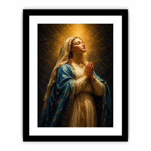 Vertical praying Madonna canvas art in blue and gold for elegant bedroom decor.